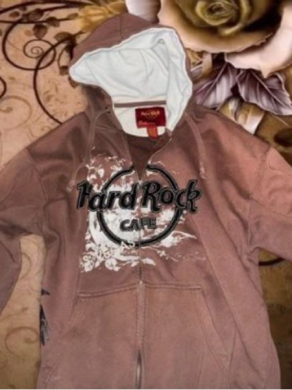 Y2k Grunge Hard Rock Cafe Brown Zip Up Hoodie with black and white details